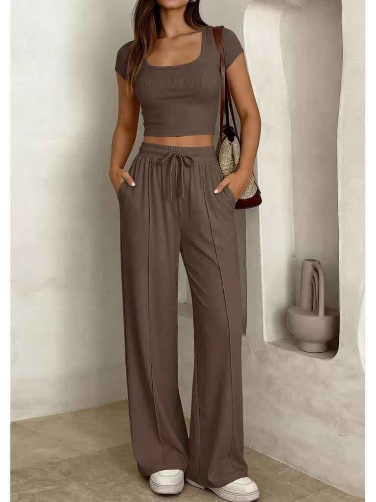 2026 Spring/Summer European & American Women's Casual Slim-Fit Two-Piece Set - Short Sleeve & Long Pants