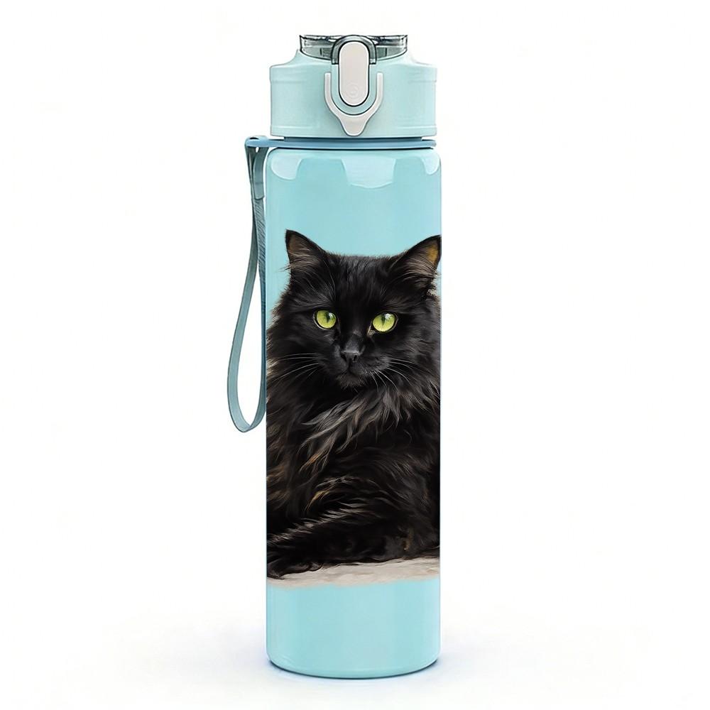 1PC Black Long Hair Cat Portrait Print 750ml Color Plastic Sports Water Bottle Leakproof Flip Straw Lid Suitable for Sports Office Home Use