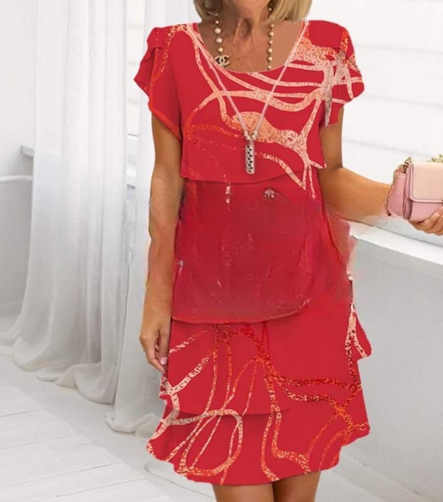 2025 European & American 3D Print Short Sleeve Round Neck Cake Dress for Spring/Summer