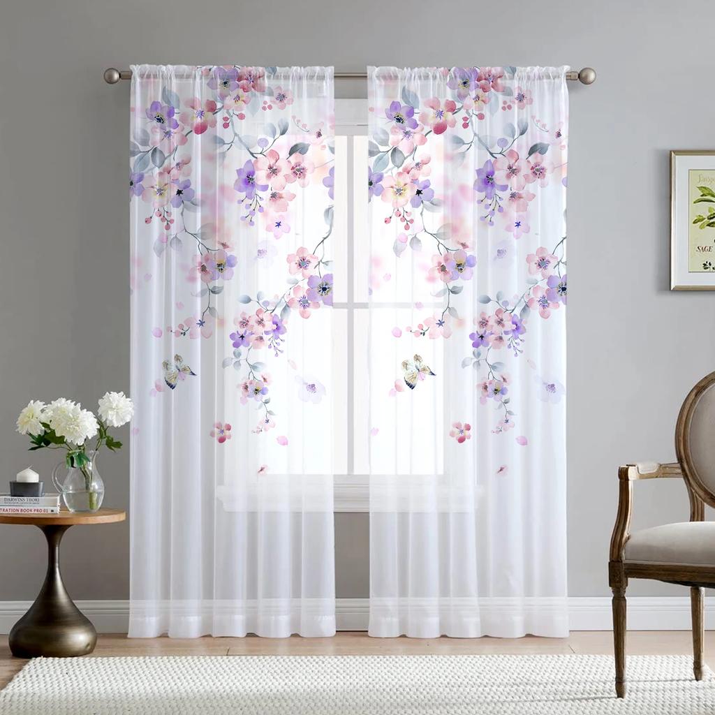 Phalaenopsis Floral Voile Curtain Living Dining Room Bedroom Kitchen Window Transparent Chiffon Flowers Tulle Curtains Light Filtering Polyester Decor