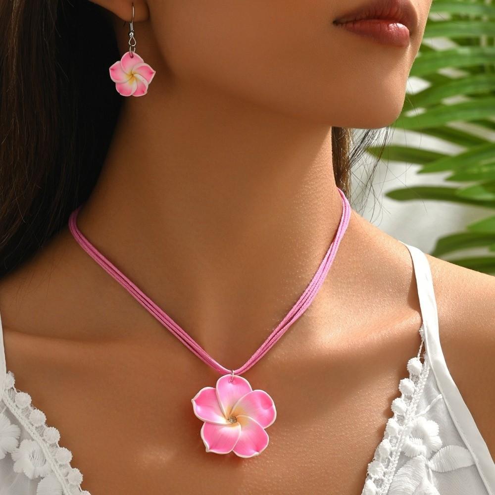 Soft Clay Plumeria Flower Jewelry Set Plumeria Flower Design Bohemian Style Flower Necklace Earrings Set Matching Earrings
