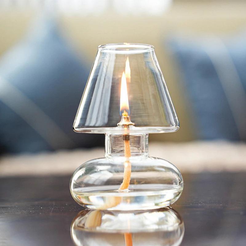 Handmade Glass Oil Lamp European-style Oil Lamp Decorative Household Candlestick Ornament with Lampshade Windproof Butter Lamp