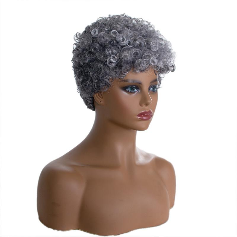 Synthetic Short Afro Curly Wig Old Grey Hair for Black Women Daily Cosplay Halloween Party Use Fluffy and Elastic Hairstyle