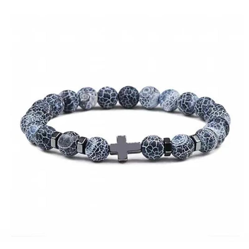 Kirykle 8mm Natural Volcanic Rock Tiger Stone White Pine Black Gallstone Cross Beaded Men's and Women's Bracelet Yoga Jewelry