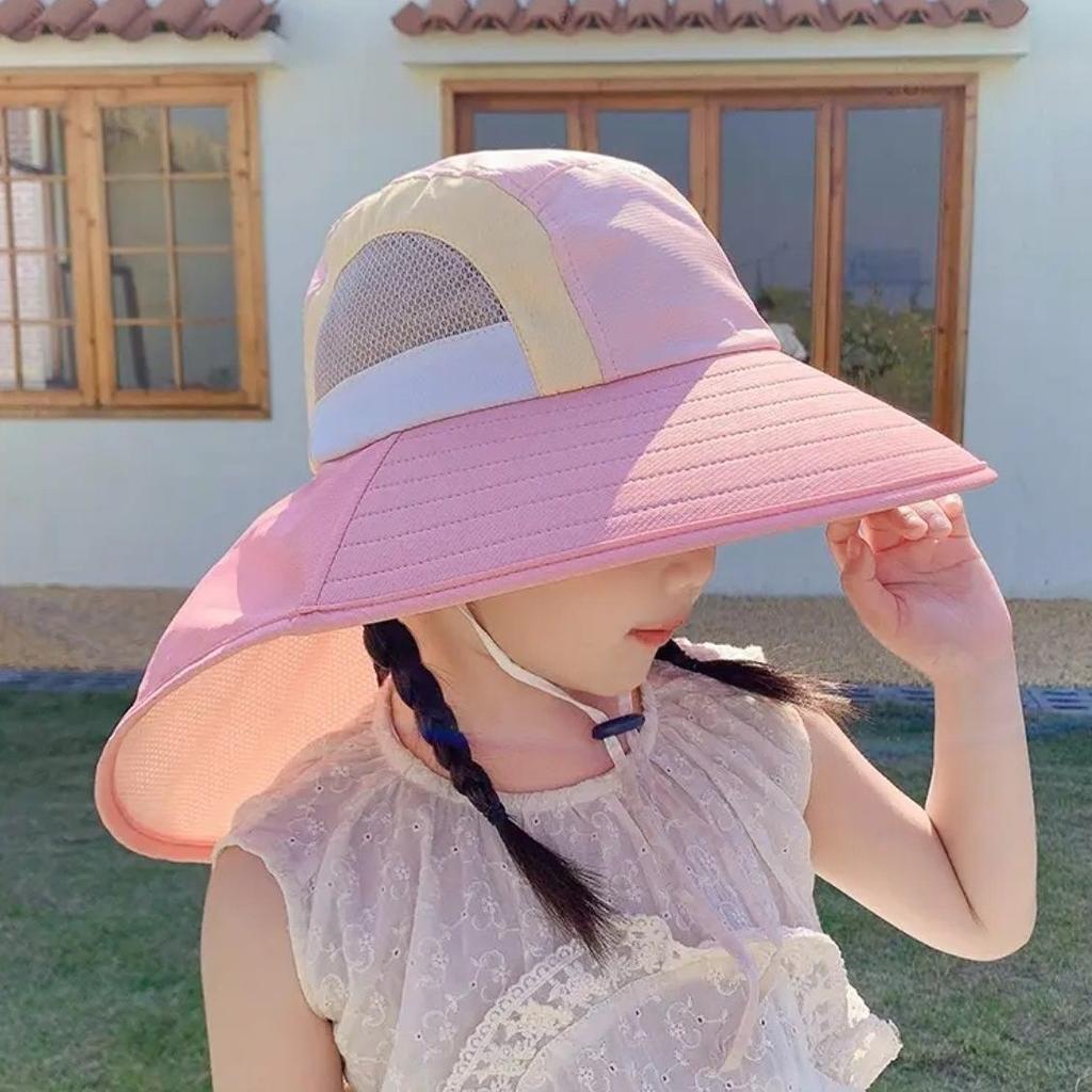 New Neck Flap Baby Sun Hat Polyester with Strap Bucket Hat UV Protection Breathable Wide Brim Beach Hats for Boys Girls
