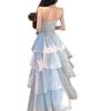 French Blue Glossy Camisole Cake Dress: Slimming Waist, Long Seaside Vacation Style for Girls' Birthday Parties