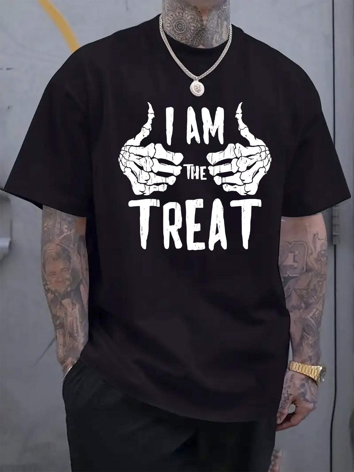 I AM THE TREAT  Graphic T-shirt - Black Casual Summer Tee with Skeleton Hand Print M