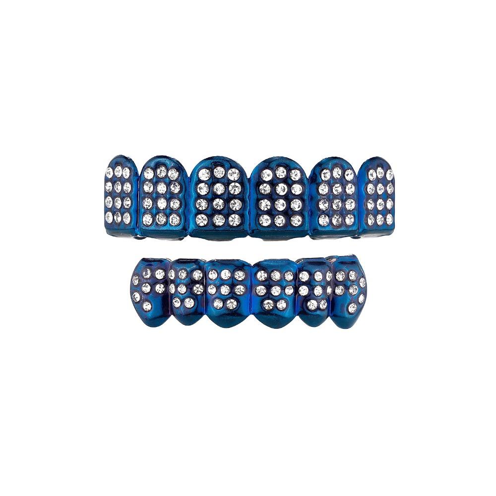 Glossy Finish Teeth Grillz Top Bottom Set Eco-friendly Copper Shiny Teeth Grillz Caps Rhinestone Blue Teeth Jewelry Rapper