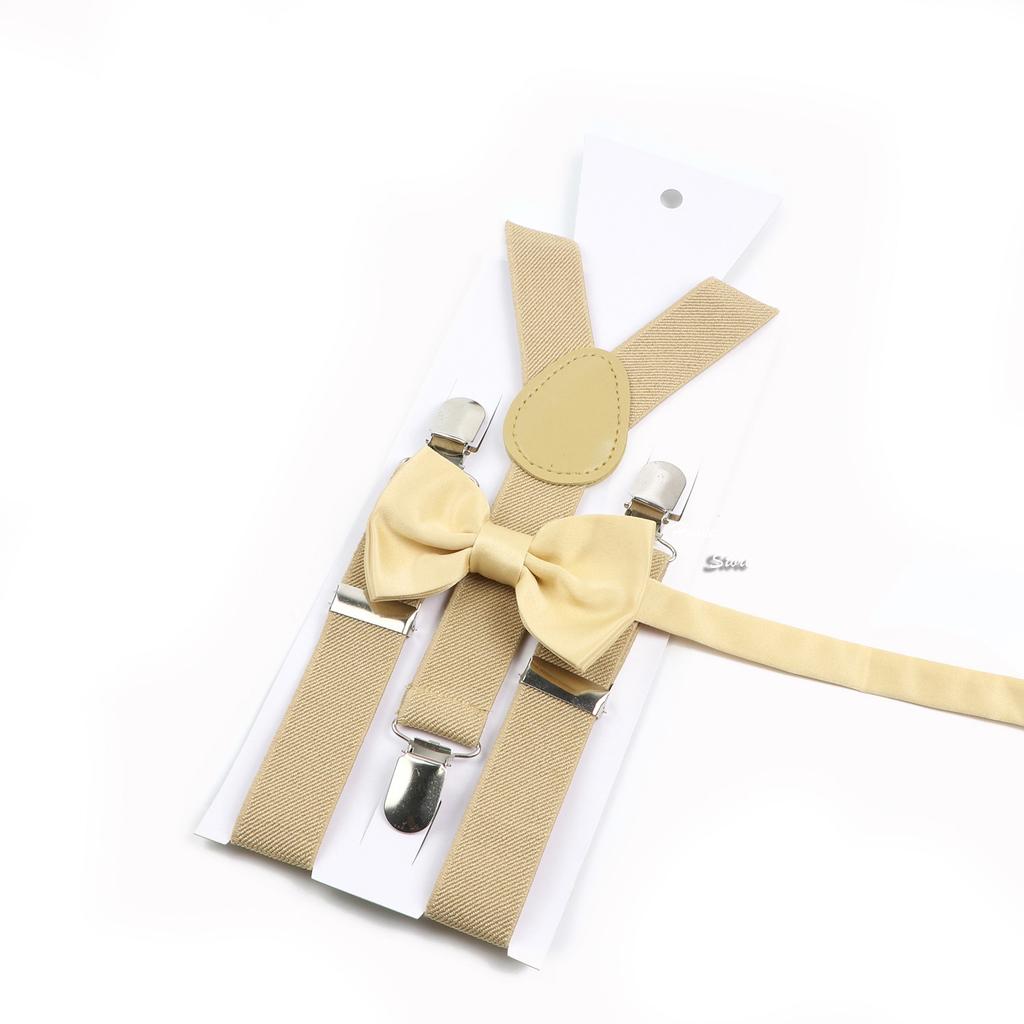 Men Kids Yellow Khaki Brown Suspender Bowtie Set Elastic Adjustable Y-Back Braces Straps Daily Father-Child Braces Accessory