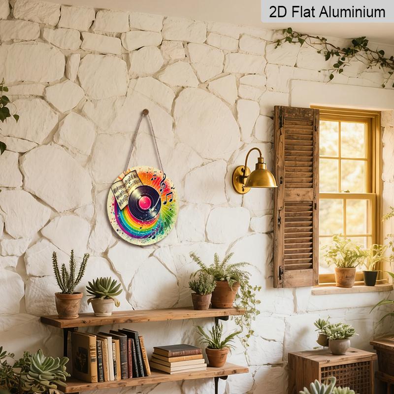 2D Flat - 1pc Vintage Round "Music Film" Metal Sign - Aluminum Wall Art with Vinyl Record & Musical Notes Design, Colorful Retro Decor for Garage