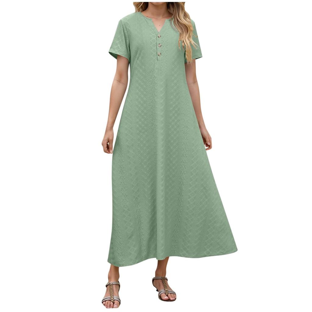 Women's Fashion Casual Solid Color V Neck Short Sleeve Dress