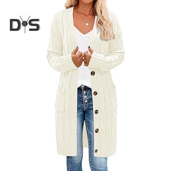 Women Sweater Cardigan V-neck Long Sleeve Twist Texture Knitting Tops with Pockets Solid Color Button-Up Knitting Jacket