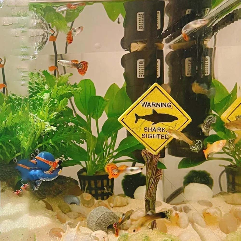 1PC Aquarium Landscape Decoration, Yellow Shark Warning Sign, Fun Aquarium Landscape Decoration