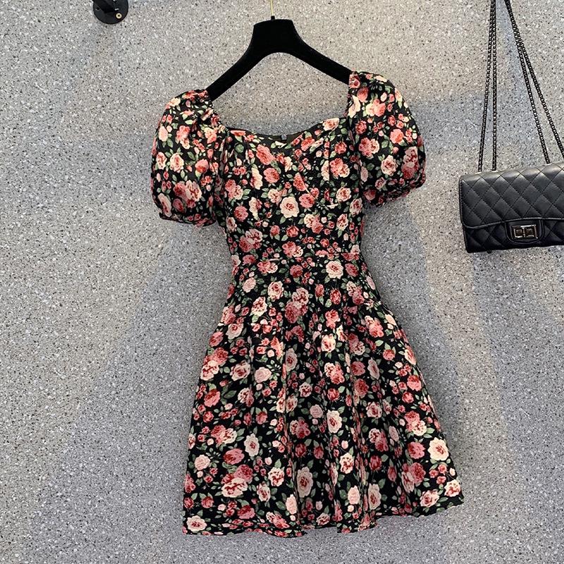 2023 Plus Size French Floral Puff Sleeve Dress: Slimming, Square Neck Summer Style