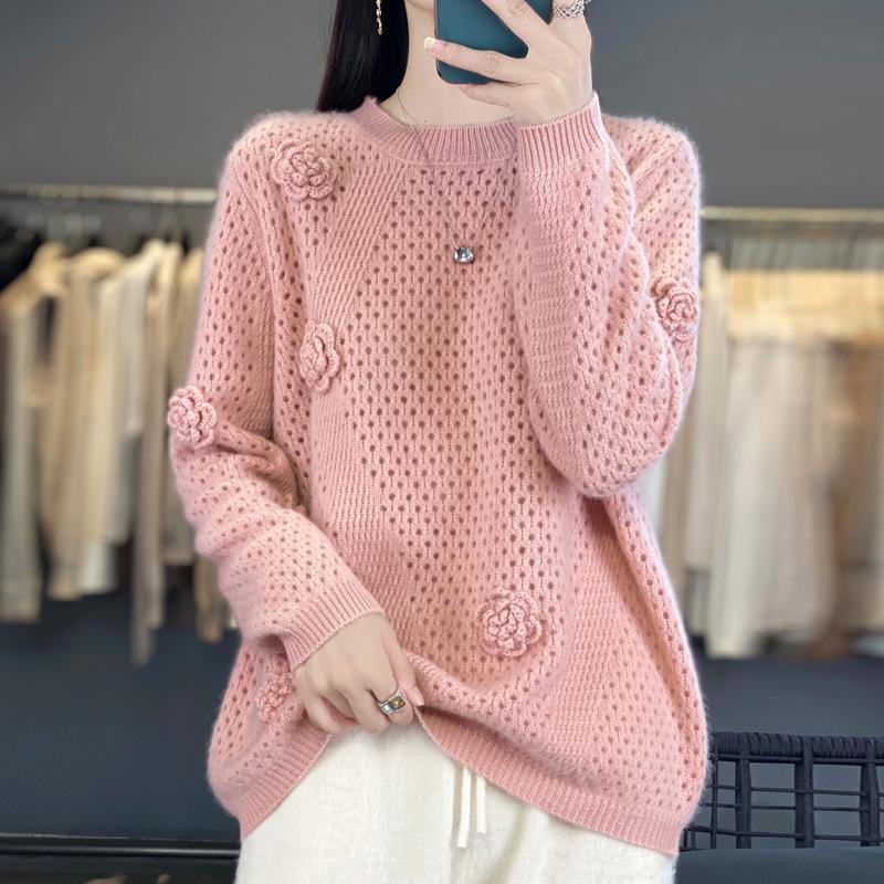 2025 Autumn/Winter Women's Thick Cashmere Hand-Knit Hollow Round Neck Long Sleeve Sweater