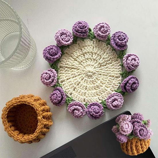 Crochet Flower Coasters Handmade Vintage Bouquet Knitted Rose Flower Decorative Coasters Anti-scald Table Mats Without Flower Pot