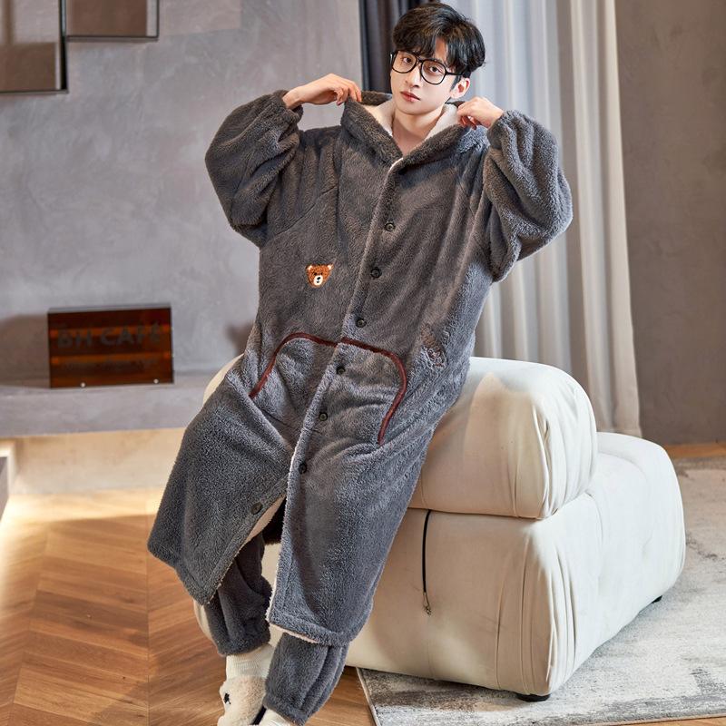 Pijama de bărbați din fleece coral, iarnă, flanel, cămașă de noapte, îngroșată, mărime mare, largă, haine de casă, costum din două piese