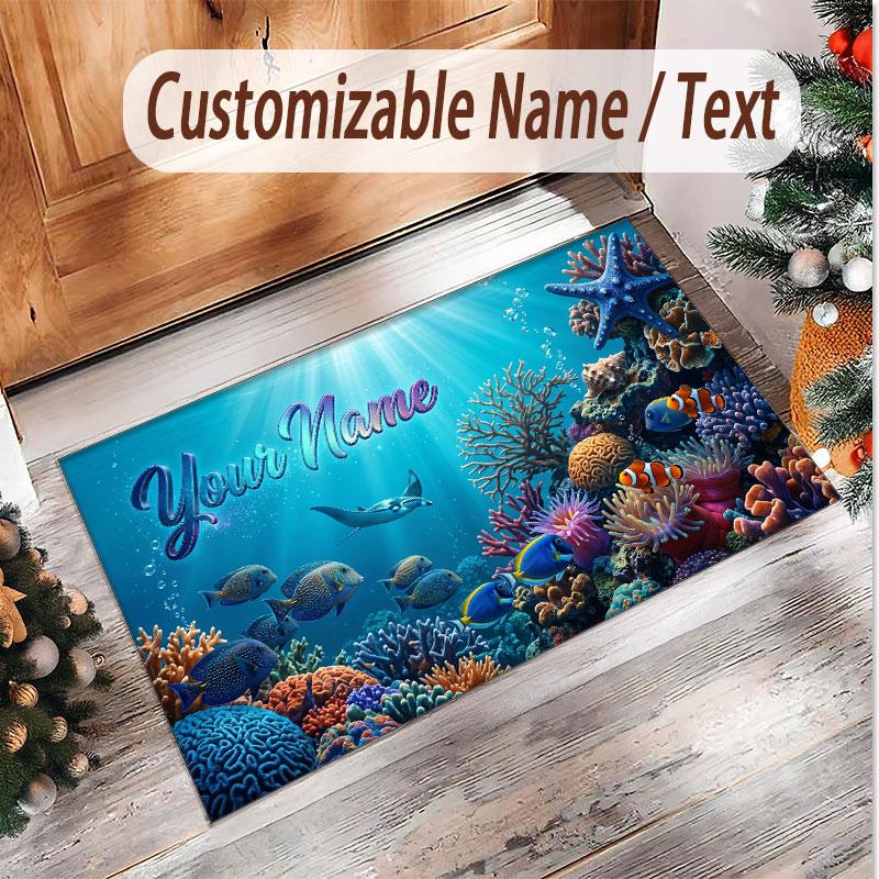 Fish Ocean Theme Soft Crystal Velvet Rug Custom Name & Text Print Non Slip Floor Rug for Bedroom Living Room