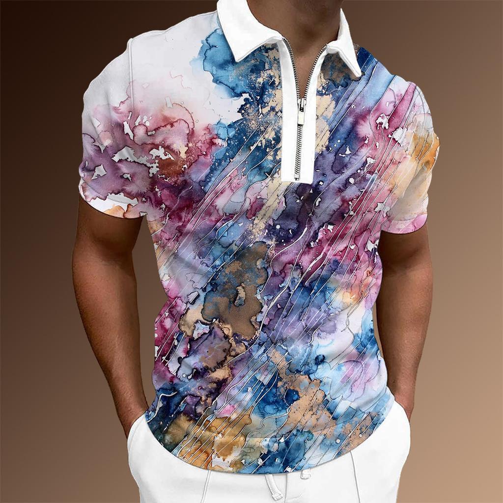 Abstract Print Short Sleeve Polo Shirt, Half-Zip Casual Wear