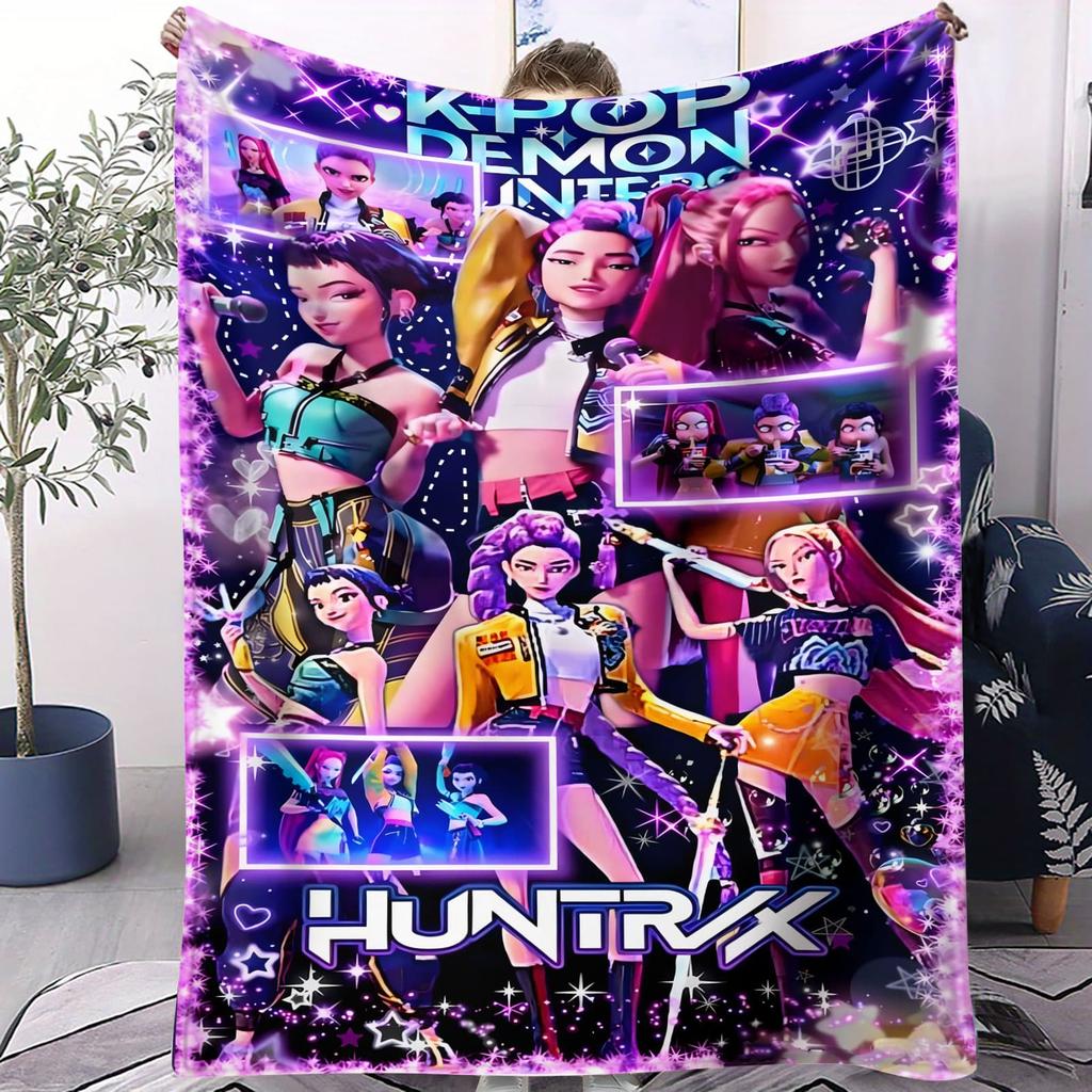 K-Pop Demon Hunters Huntrix Flannel Blanket Neon Warrior Girl Group Design Soft Throw for Bedroom Sofa Concert Fans Gift Teens