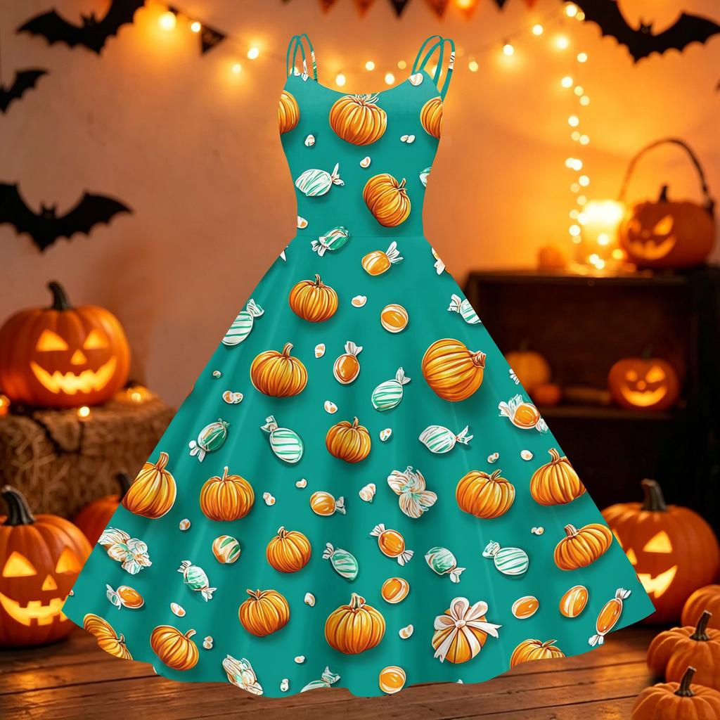 Womens Halloween Spider Web Pumpkin Print Vintage Punk Off Shoulder Dress Sleeveless Flared Skirt Party Costume Dress