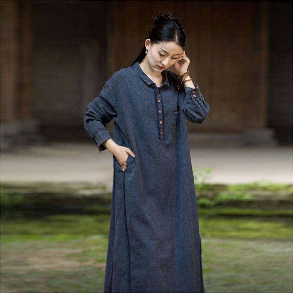 Johnature Women Vintage Shirtdress Turn-down Collar Long Sleeve Autumn Solid Color A-Line Dress