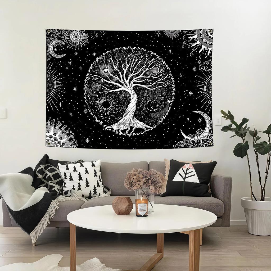 Schwarz Weiß Sternenbaum Wandteppich Einseitiger Druck Künstlerisch Langlebig Wanddekor Zuhause Schlafsaal Yoga Bereich Beruhigende Atmosphäre Dekor Geschenk