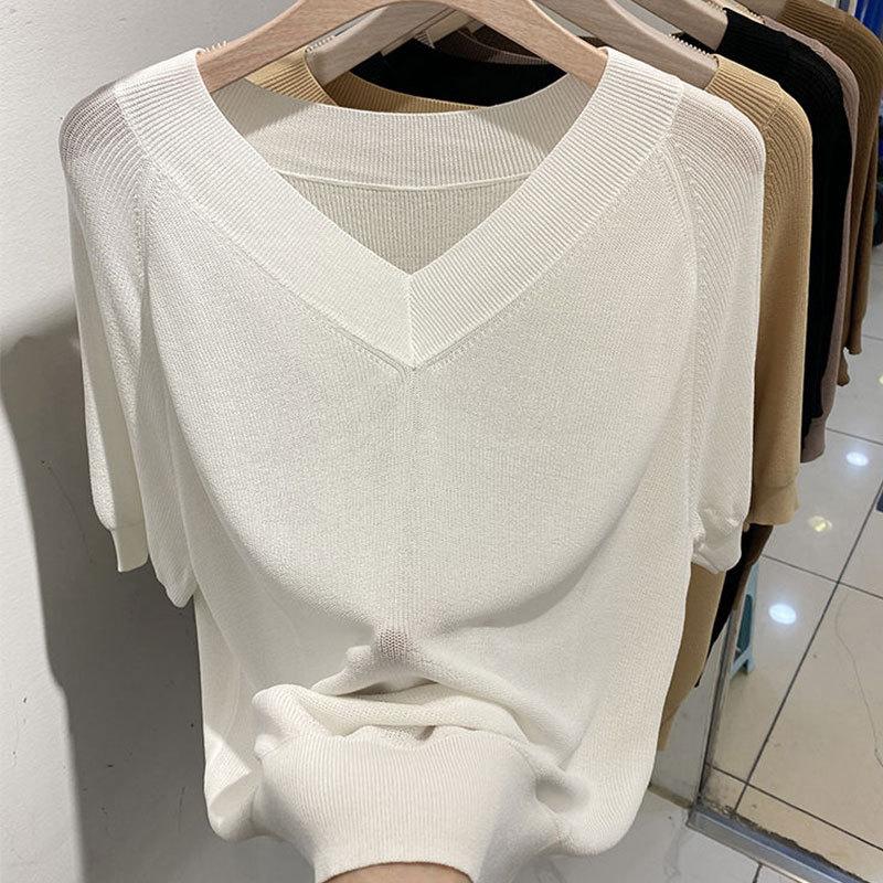 Tops de punto para mujer, camiseta de manga corta con escote en V, sencilla, a la moda, para el verano