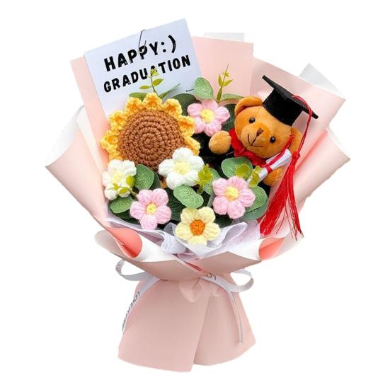 

Вязаный крючком букет цветов на выпускной, ручная работа, вязаный искусственный подсолнух, пушистый цветок, медведь, подарки на выпускной, сувениры для вечеринки по случаю выпускного розовый