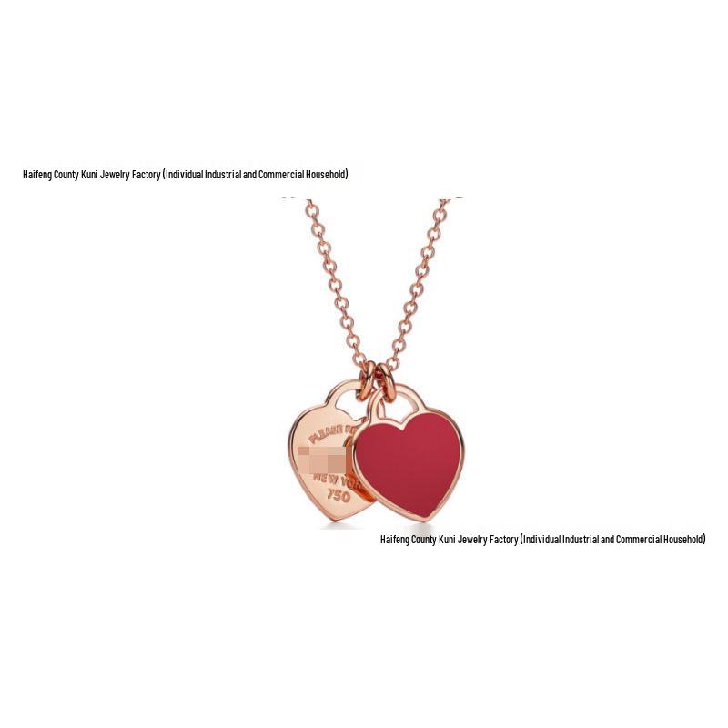 T-brand 18K Gold-Plated Double Heart Pendant Necklace with 925 Sterling Silver and Epoxy Enamel