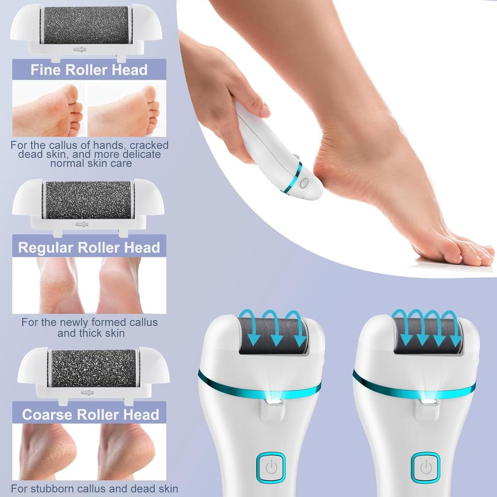 Callus Remover, Foot File Rechargeable 2 Speed, Professional Foot Scrubber with 3 Coarse Roller Heads,