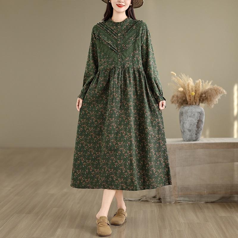 long sleeve Plus size Cotton linen vintage floral new in dresses for women casual loose long spring autumn dress