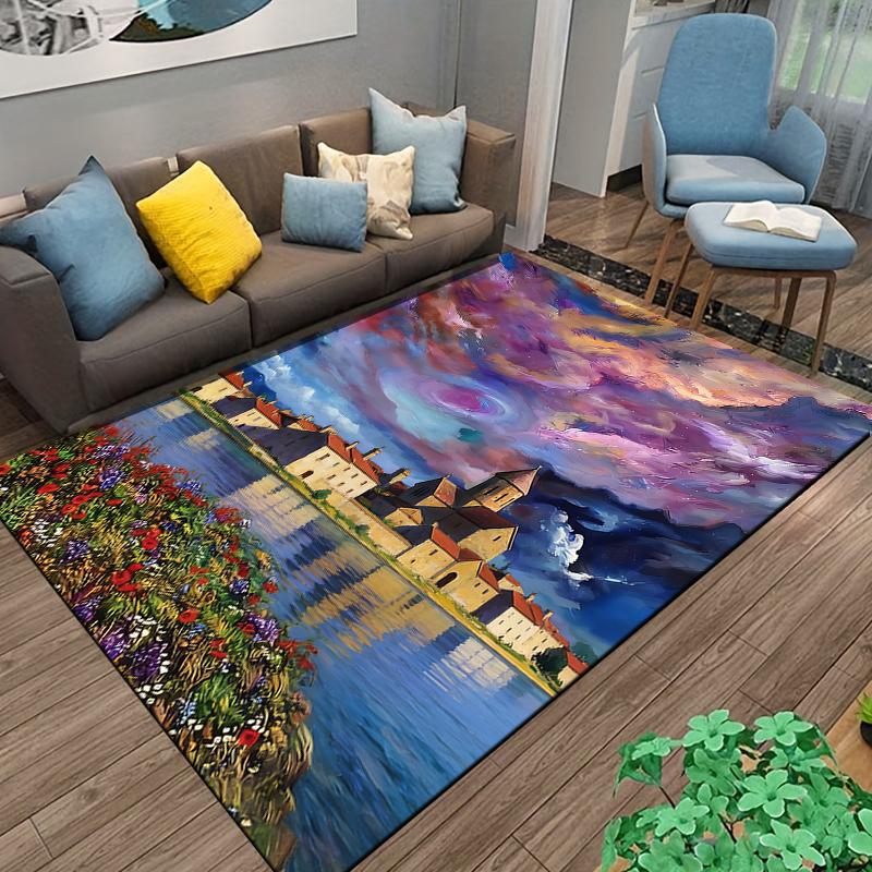"Colorful Landscape Carpet with Village, Sky, and Floral Pattern" Suitable for use as an anti-slip for living room bedroom sofas