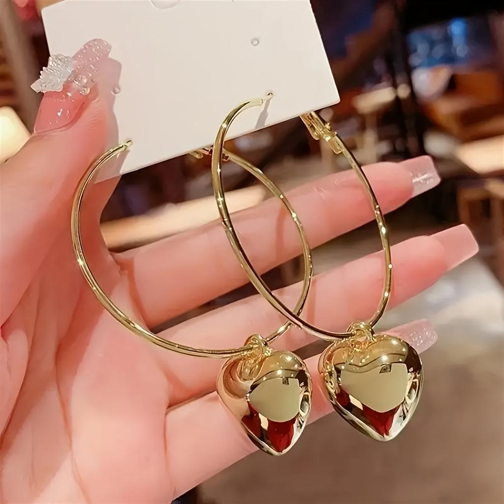 1Pair of Sweet and Cool Personalized Creative Peach Heart Pendant C-shaped Large Earrings Women's Earrings
