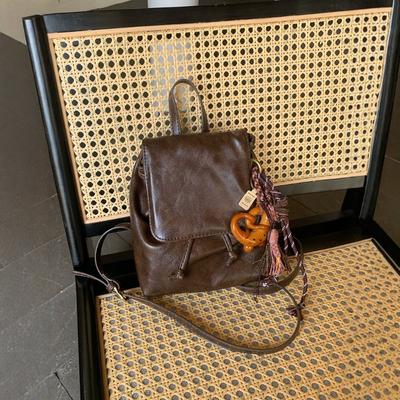 American Brown Leather Pattern Small Backpack Retro Pu Soft Leather Texture Versatile Shoulder Bag Commuter Versatile Small Backpack