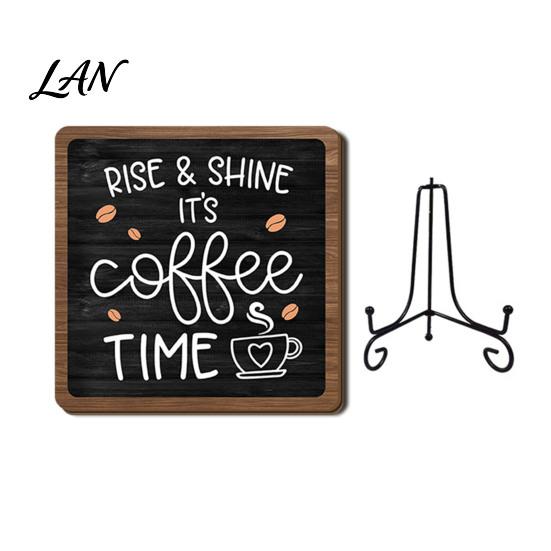 Decorative Wooden Stand Coffee Themed Tabletop Sign, Rustic Kitchen Bar Plaque with Iron Table Display Stand, Farmhouse Home Dining Room Countertop