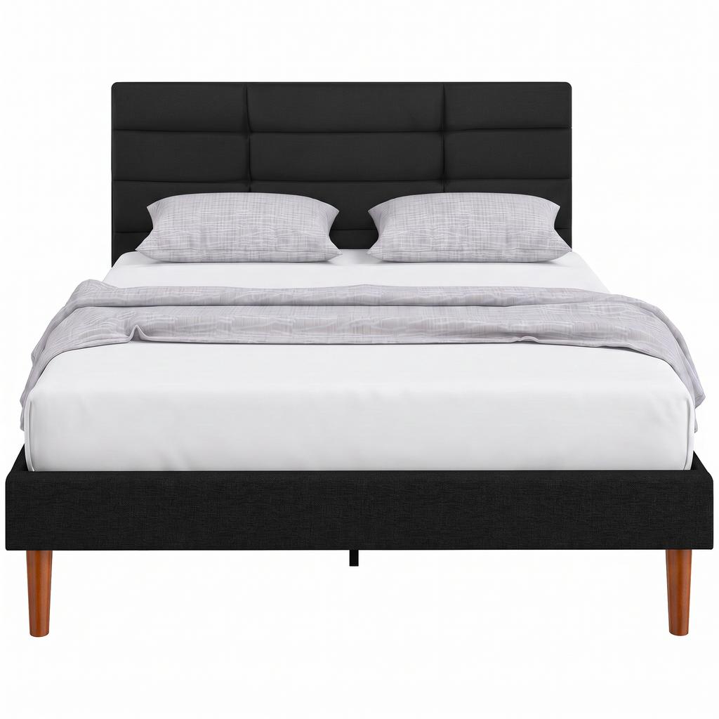 Double Bed Frame, 140 X 200 Cm, Wooden Slatted Base, Linen-Effect, Storage Underneath, Black