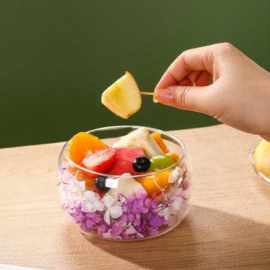 Doppelwandige Glasschale mit echten gepressten Blumen Hitzebeständig Kältebeständig Transparent Lebensmittelschale für Salat Dessert Servieren Niedliche Heimküchendekoration
