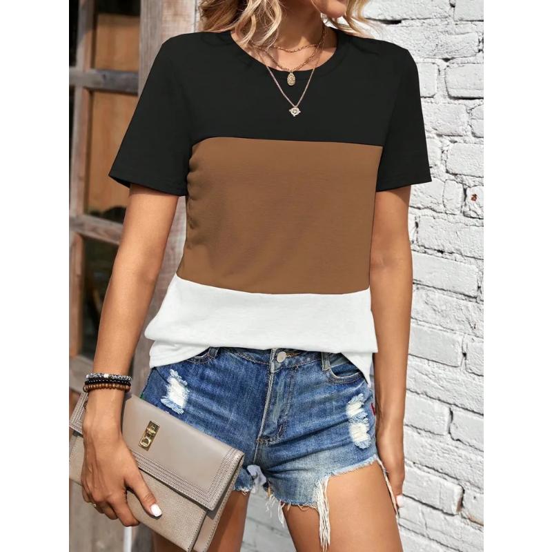 Modisches Damen Rundhals Kurzarm 3D Gestreift Farbprint Gestreiftes Kurzarm Rundhals T-Shirt