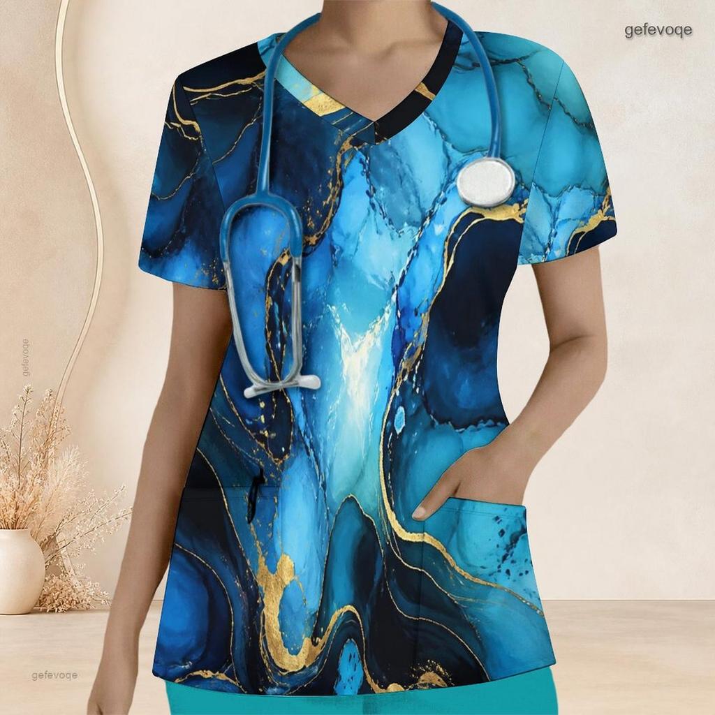 Womens Plus Size Blue Gold Marble Printed Nurse Scrub Top V Neck Short Sleeve With Front Pockets