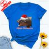 Moo Deng Pygmy Hippopotamus Christmas Hat Graphic Tshirt High Quality Cotton Crewneck Tops Tee Shirt Short Unisex Casual Style
