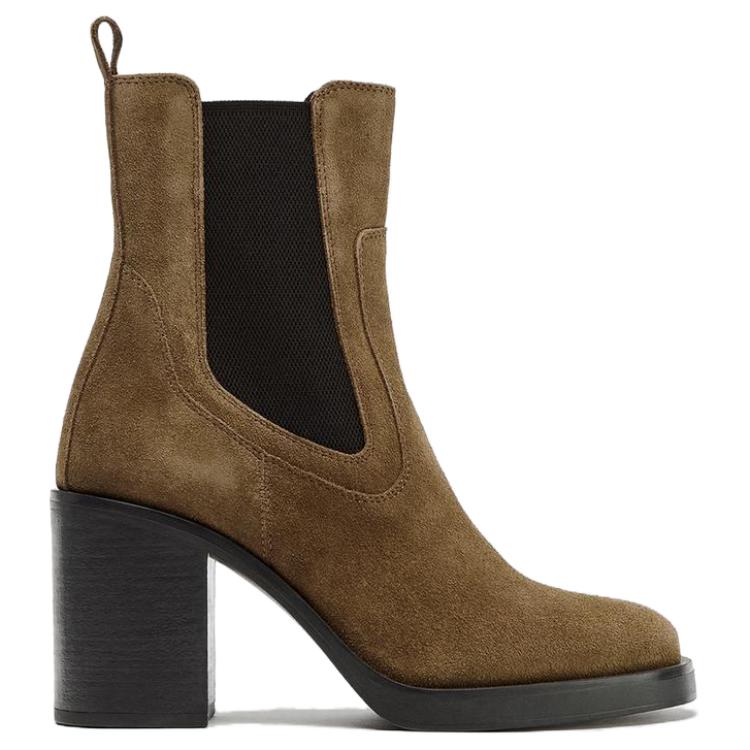 Zara Leather Comfortable Fashionable Simple High Heel Short Chelsea Boots 8.5cm Women boots Brown 12113510105