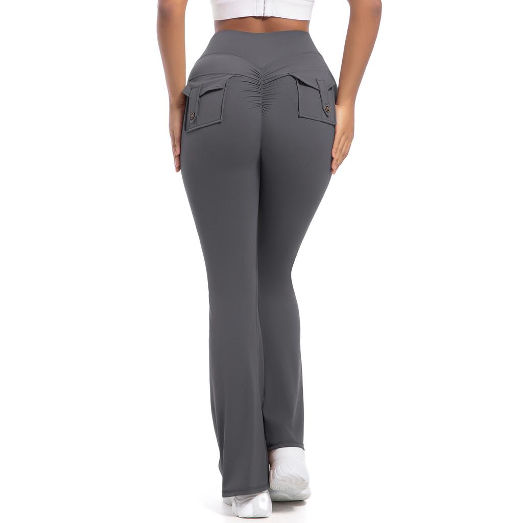 Fashion Casual Comfort Versatile Button Peach Lift Hip Yoga Flare Pants Fitness Sports Wide Leg Micro Pants High Waist Quick Dry Yoga Pants Women