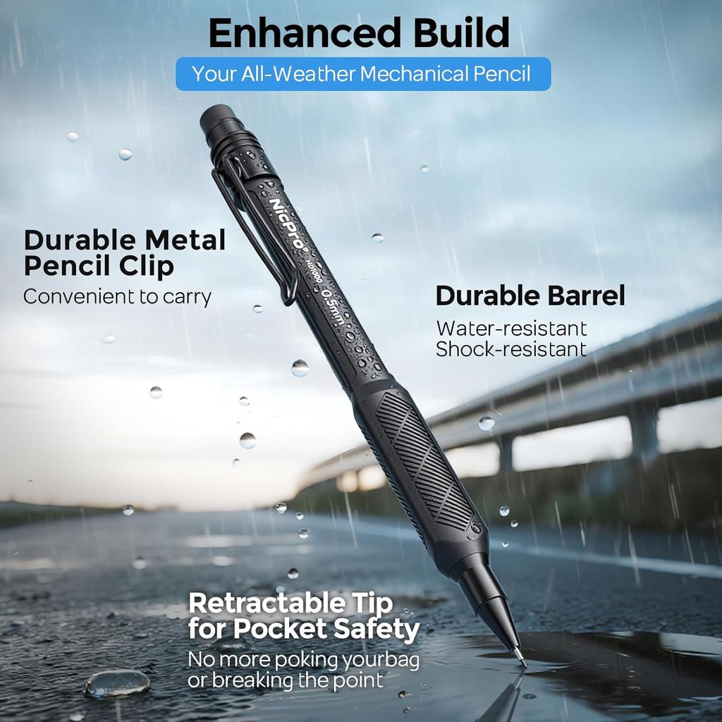 Nicpro HD1000 0.5 mm Art Mechanical Pencil Set in Case, 3 PCS Weatherproof Mechanical Pencils with 6 Tube HB Refills, Eraser, Weatherproof Barrel for