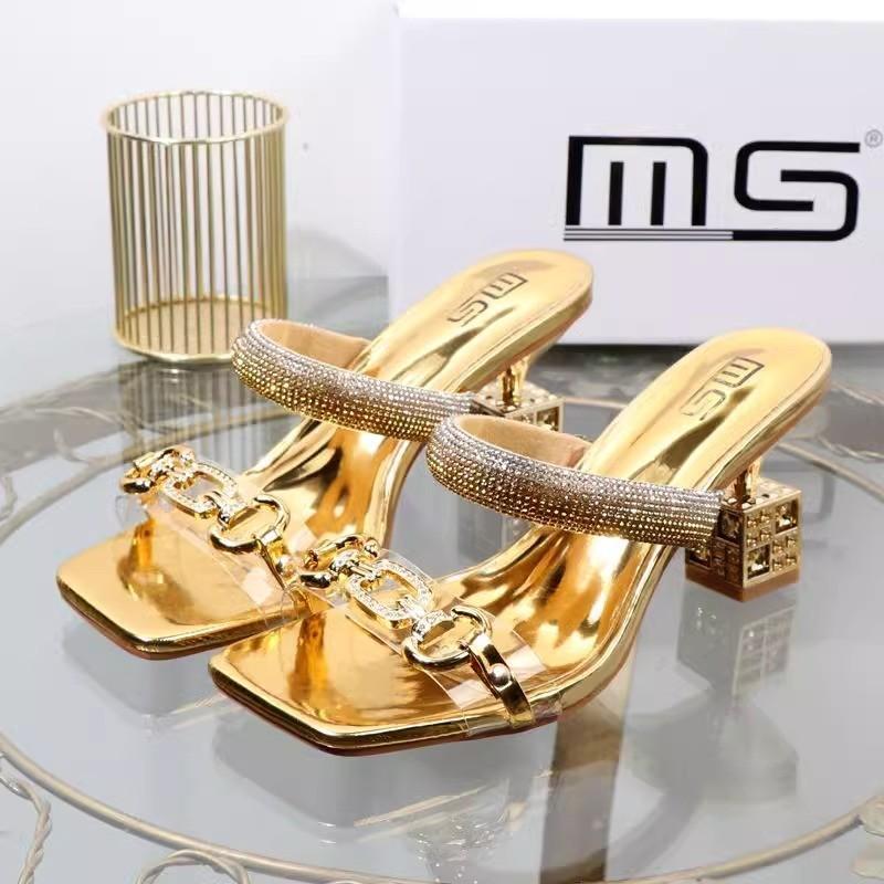 Large size cool slippers women's new metal buckle one-word drag special-shaped heel rhinestone sandals women