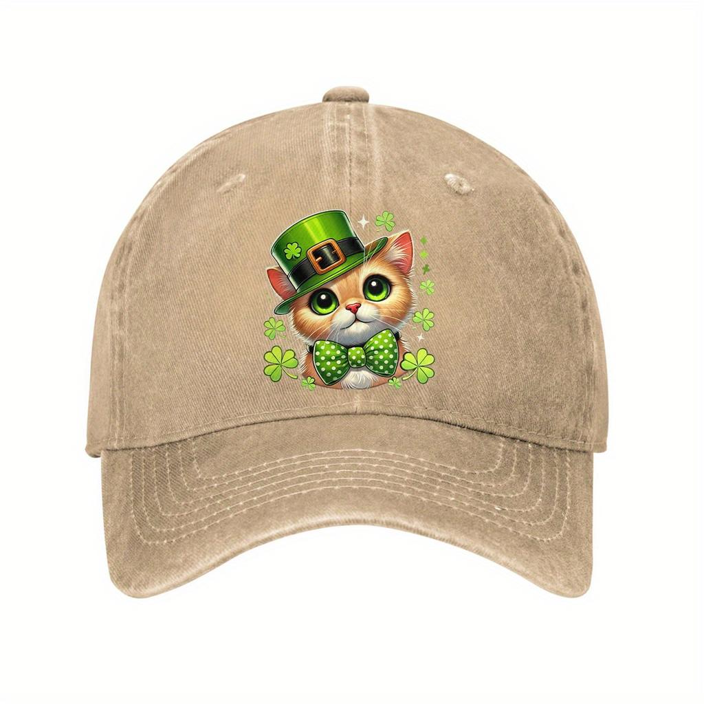 St Patrick Day Cute Cat Shamrock Print Denim Baseball Cap Vintage Adjustable Outdoor Trucker Hat Unisex