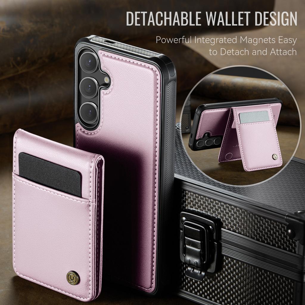 For Samsung Galaxy S25 FE Leather Back Cover JEEHOOD J06 Magnetic Phone Case with Card Bag RFID Blocking