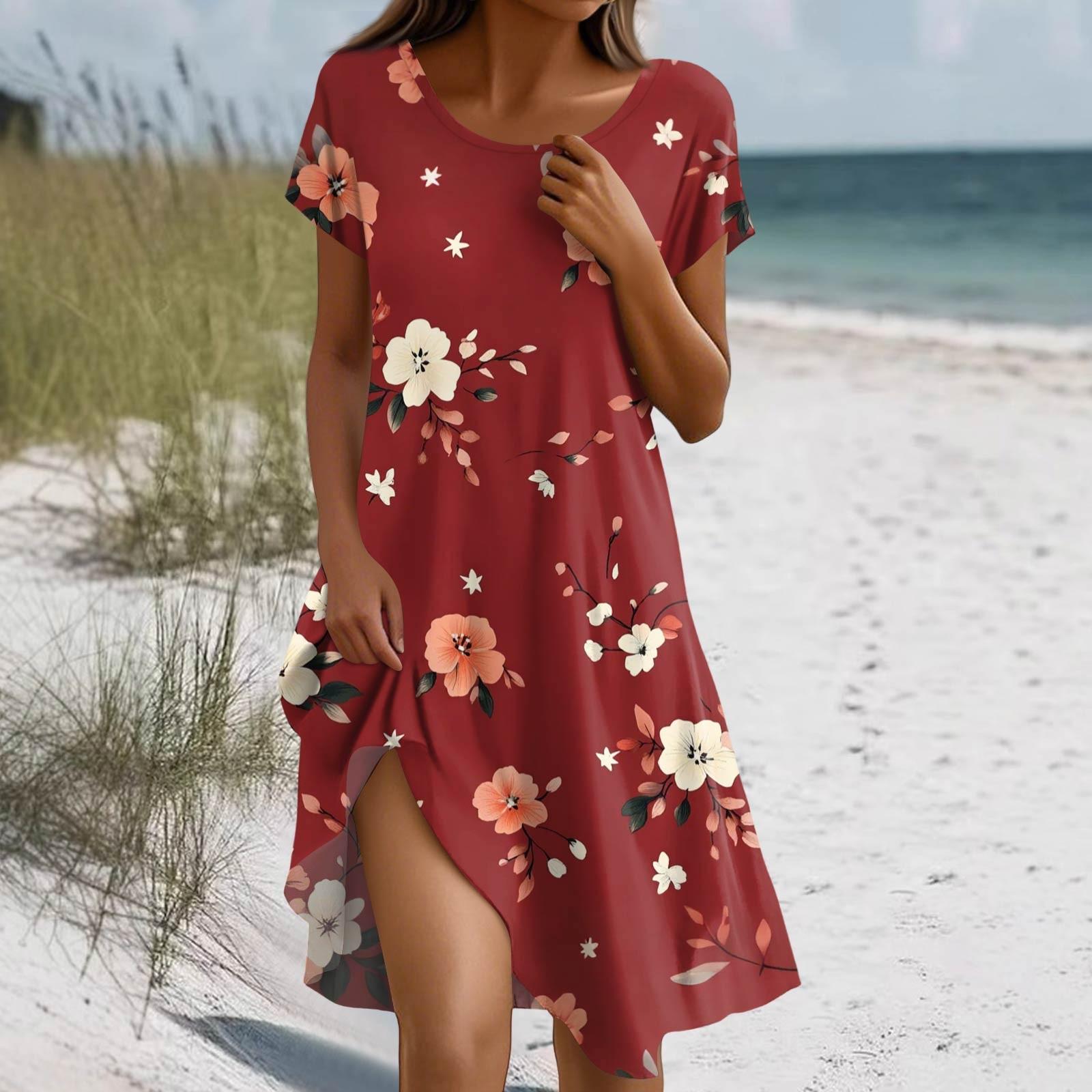 

Платье в стиле бохо с коротким рукавом для женщин, повседневное, свободного кроя, летнее, сарафан с цветочным принтом и карманами XL