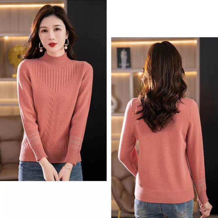Half Turtleneck Cashmere Sweater Solid-color Long-sleeved Knitted Sweater for Women Casual Thickened Knitwear and Loose Solid-color Pullover