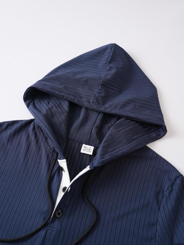 Men's Casual Long Sleeve Hooded Pullover with Drawstring and Buttons for Autumn/Winter